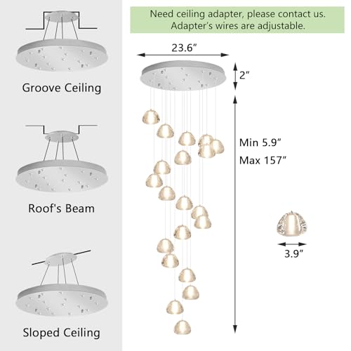 20 Light Modern Chandeliers for Entrance High Ceiling Chandelier Living Room Lights Fixture LED Ceiling Lamp Bubble Crystal Adjust Hanging Pendants Lighting for Stairwell Hallway Foyer