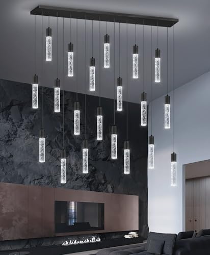 20 Lights Modern Crystal Rectangular Chandeliers LED Pendant Light for Kitchen Island High Ceiling Chandelier for Dining Room Entrance Foyer Living Room Black