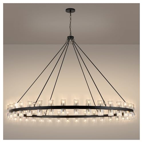 70 Inch Black Wagon Wheel Chandelier with Crystal Shade