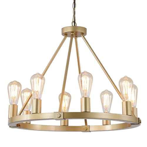 23.6“ 8 Lights Golden Wagon Wheel Chandelier, Large Luxury Kitchen Island Pendant Light for Living Dining Room Foyer Entryway,Height Adjustable,E26.