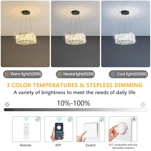 Modern Crystal Chandelier for Dining Room Dimmable LED Pendant Ceiling Light Fixtures with Remote for Entrance Bedroom Kitchen Island Black