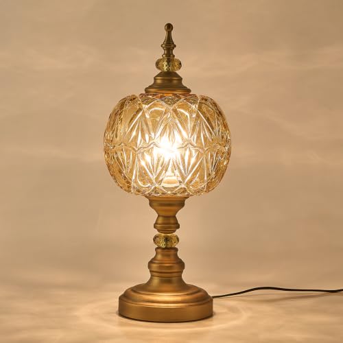 Vintage Amber Glass Table Lamps Brass Metal Desk Lamp Lampshade 8.3inch Table Light with Plug Switch for Bedroom Living Room Dressing Room