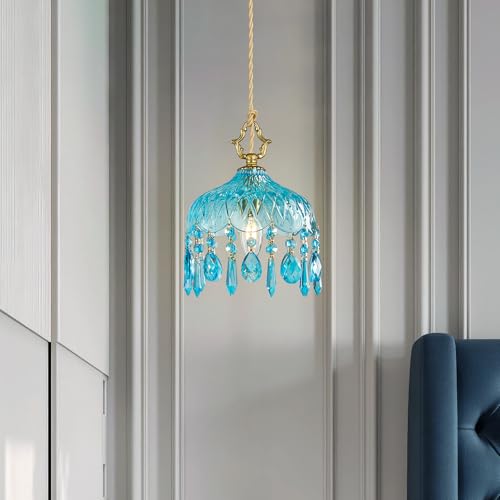 Brass Vintage Pendant Light Blue Crystal Hanging Light Fixtures (2 Count)