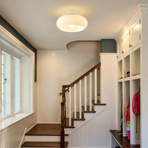 Mid Century Modern Cream White Semi Flush Ceiling Light 11.0 Inch