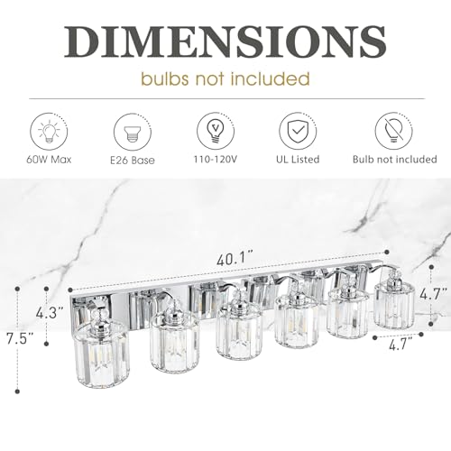 6 Light Modern Bathroom Light Fixture Chrome Vanity Lights Over Mirror Wall Sconce Lighting with K9 Crystal Shades Bathroom Wall Lamp E26 Base for Bedroom