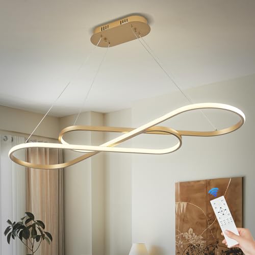 Modern LED Chandelier Gold Dimmable LED Pendant Light for Dining Room Light Fixture Over Table Modern Kitchen Island Lighting High Ceiling with Remote for Living Room
