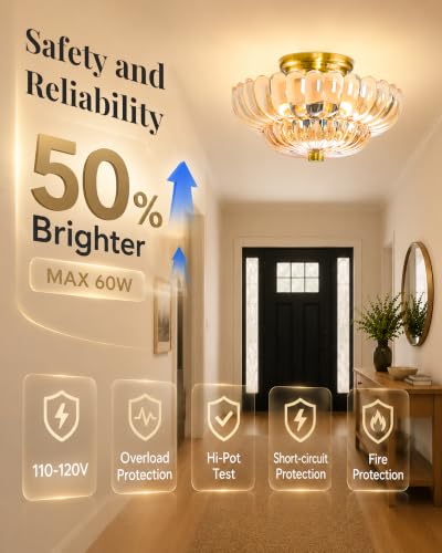 Semi Flush Mount Ceiling Light Fixture 11.8" Vinatge Gold Ceiling Lights Mid Century Modern Glass Close to Ceiling Lighting Fixtures for Bedroom Hallway Foyer Bathroom Kitchen Entryway