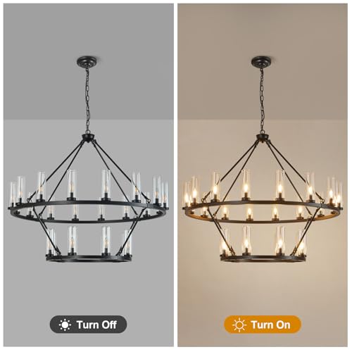 48 Inch Large Black Wagon Wheel Chandelier with Clear Glass Shade 2 Tier 24