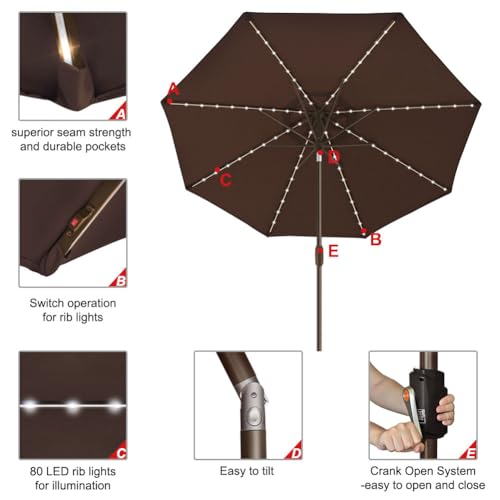 USA 10-Year-Non-Fading 9ft Market Patio Umbrella, Commercial Grade Table Sun Umbrella with 80 Solar LED Lights, Crank Open, Windproof & UPF 50+ UV Protection for Garden, Deck, Pool, Backyard, Chestnut