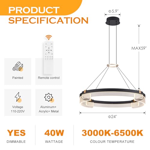 Modern LED Pendant Light Dimmable Black LED Chandelier for Dining Room Pendant Light Fixture Over Table Modern Chandelier Kitchen Island Living Room Entryway