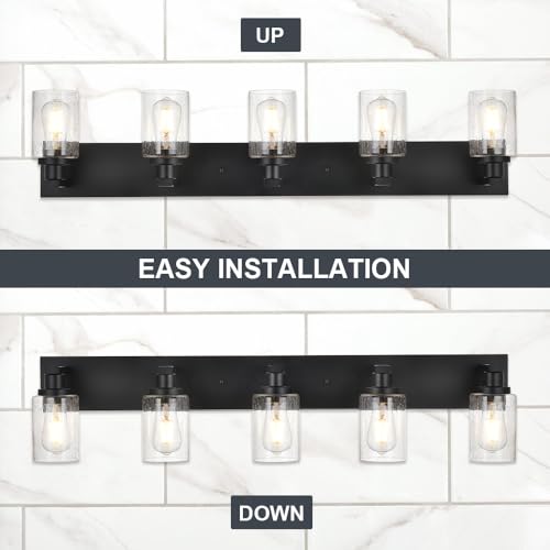 5 Lights Farmhouse Bathroom Vanity Light in Black Finish Wall Mount Lighting Fixtures with Seeded Glass for Mirror Cabinet Kitchen Bedroom