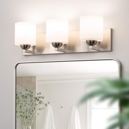 3 Light Brushed Nickel Bathroom Vanity Light with White Glass Shades