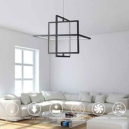 Modern LED Chandelier Led Pendant Light Square Contemporary Chandelier Hanging Light Dimmable for Living Room, Dining Room, Bedroom, Kitchen, Stydy Room 90W 6000K Cool Light (Black)
