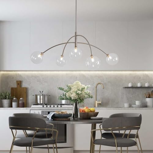 Mid Century Modern Sputnik Chandelier Adjustable 5 Light Clear Glass Silver Ceiling Chandelier for Dining Room Kitchen Bedroom