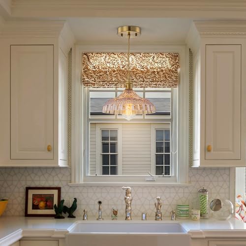 EDSILIVE Vintage Flower Glass Pendant Lights Kitchen Island 9.84" Antique Flower Amber Glass Hanging Ceiling Light Fixture with Adjustable Wire E26 Base for Dining Room Kitchen Table