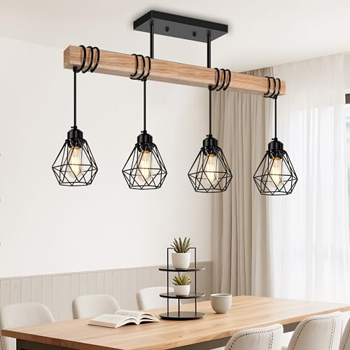 4 Lights Farmhouse Wood Kitchen Island Lighting