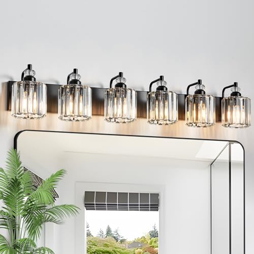 6 Light Black Bathroom Light Fixtures Over Mirror Modern Vanity Lights Crystal Wall Sconce Vintage Bathroom Lighting with Crystal Shade E26 Base for Bedroom