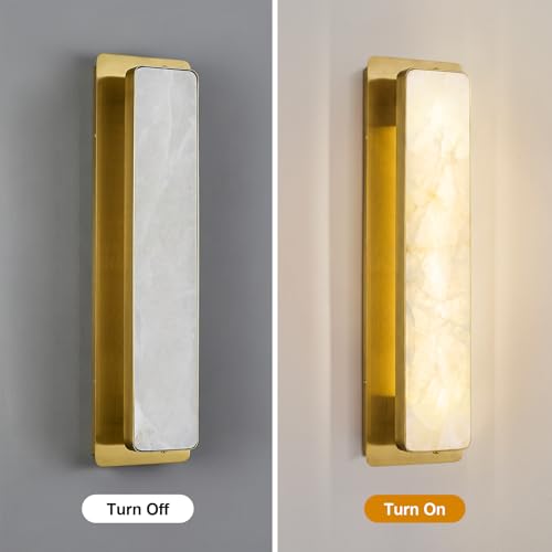 Alabaster Wall Sconce Modern LED Wall Lights Natural Spanish Marble 20" Rectangular Wall Sconces Gold Wall Lamps for Bedroom Living Room Hallway Staircase