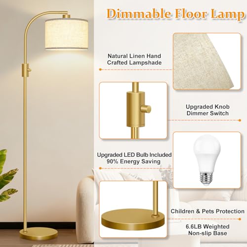 Upgraded Modern Arc Dimmable Tall Standing Floor Lamp with Linen Shade