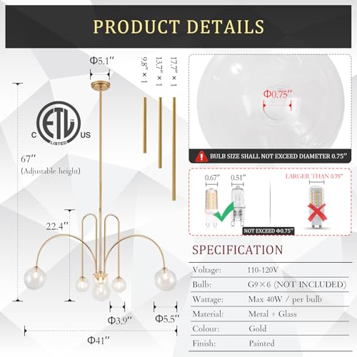 Modern 40" 6 Light Gold Sputnik Chandelier with Clear Glass Globe