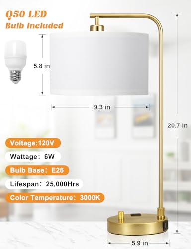 Gold Table Lamp with USB Port and Outlet