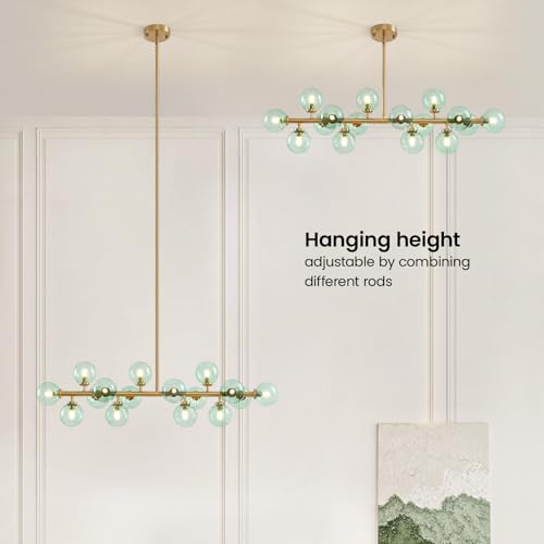 Mid Century Modern Gold Chandelier with Green Glass Rectangle Pendant Fixtures Linear Sputnik Chandeliers for Kitchen Island Dining Room Over Table