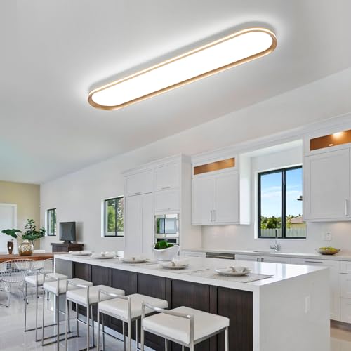 Modern LED Ceiling Light Dimmable Linear Ceiling Light 39.4in Semi Flush Mount Long Lights with Remote Control and Side Lighting for Living Room Kitchen Dining Room Gold