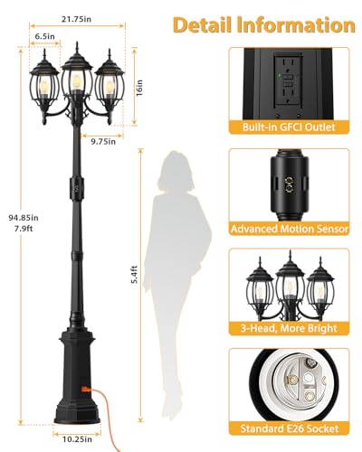 3 Head Motion Sensor Outdoor Post Lights with GFCI Outlet Built in