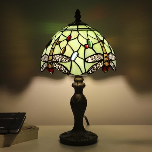 Tiffany Table Lamp Dragonfly Style Grass Green Stained Glass Accent Lamp Bronze Resin Base 8X8X14 Inch