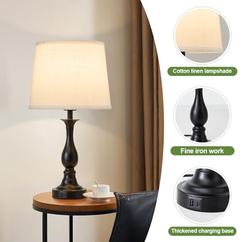 Bedside Table Lamp Touch Control Bedroom Lamps with USB A + C Charging Port 3 Way Dimmable Touch Lamps for Nightstand Living Room Bedroom Dorm Home Office Reading (2 Count)