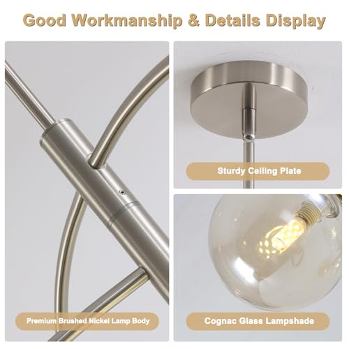 Mid Century Modern Sputnik Chandelier with Glass Globe Cognac Shade Adjustable 5 Light Silver Chandelier for Dining Room Kitchen Bedroom
