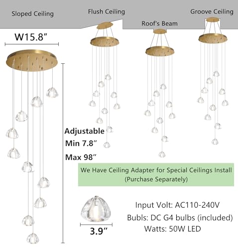 Glam Chandelier with LED Dimmable Bulbs Bubble Crystal Balls Glam Chandeliers High Ceiling Pendants Light Fixtures Adjustable Long Lights Gold Light