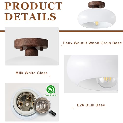 Mid Century Modern Faux Walnut Wood Semi Flush Ceiling Light 11.0 Inch