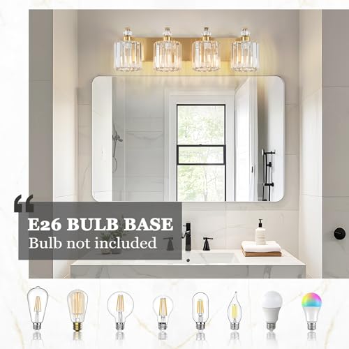 4 Lights Brushed Brass Bathroom Light Fixture Gold Vanity Lights Modern Crystal Bathroom Vanity Lighting Over Mirror Wall Sconce with K9 Crystal Shade E26 Base for Living Room