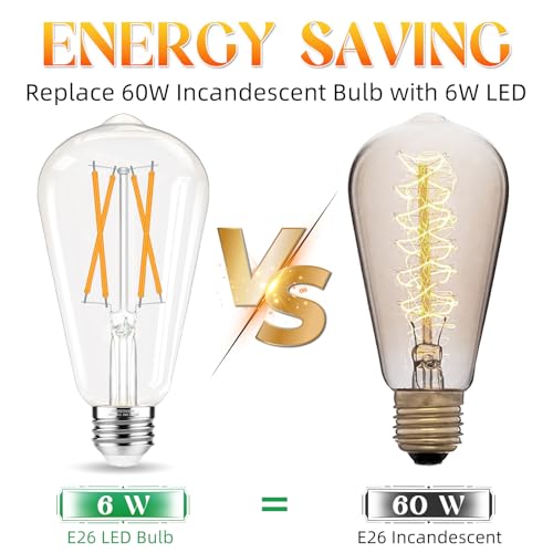 E26 Bulb, Non-Dimmable Edison Bulbs 60 watt LED, 2700K Warm White, ST58 Vintage Light Bulbs, 90+ CRI, E26 Medium Base, Clear Glass, 18 Pack (18 Count)