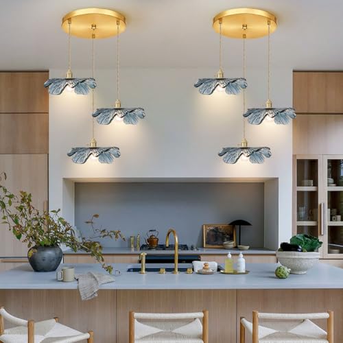 3 Cluster Chandelier Blue Glass Ceiling Pendant Light Fixtures Mid Century Adjustable Gold Brass Chandelier Lighting for Dining Room Living Room Kitchen