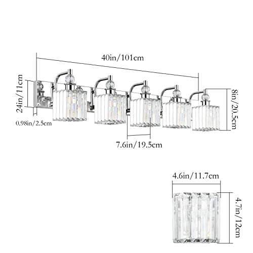 Modern Crystal Bathroom Vanity Light 5 Light 40''Chrome Vanity Lighting Over Mirror Bathroom Wall Lighting Fixtures