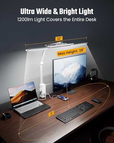 LED Desk Lamp Computer Light with Power Strip with Clamp White