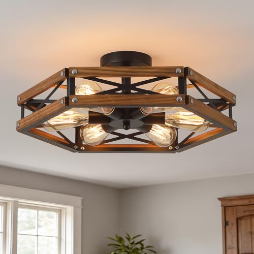 6 Light Large Rustic Farmhouse Wood Flush Mount Ceiling Light Fixture 20 inch Oak Wood and Metal Cage Semi Flush Mount Ceiling Light for Hallway Entry Farmhouse Bedroom Living Room
