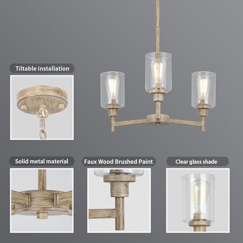 3 Light Fake Wood Rustic Chandeliers for Dining Room with Clear Glass Cover