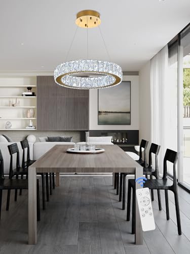 Modern LED Dimmable Crystal Chandelier 23.6" Ring Pendant Light Adjustable Gold Round Crystal Chandelier for Dining Room Living Room