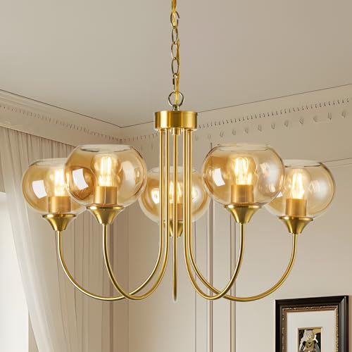 Mid Century Modern Globe Chandelier 5 Light Amber Glass Vintage Sputnik Chandeliers Gold Pendant Light Fixtures for Dining Room Kitchen Living Room Bedroom