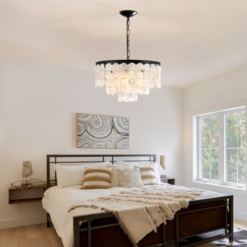 4 Light Black Capiz Shell Coastal Chandeliers for Dining Room
