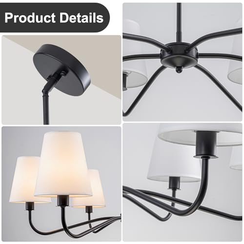 Black Farmhouse Chandeliers Over Table with White Fabric Shade