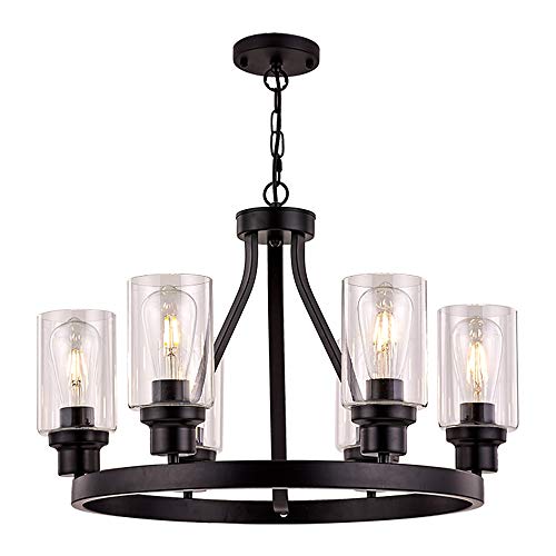 Wagon Wheel Chandelier Black Chandelier Lighting Round 6 Lights with Glass Shade Ceiling Hanging Vintage Rustic Light Fixture for Dining Room Living Room Foyer Porch Kitchen Island