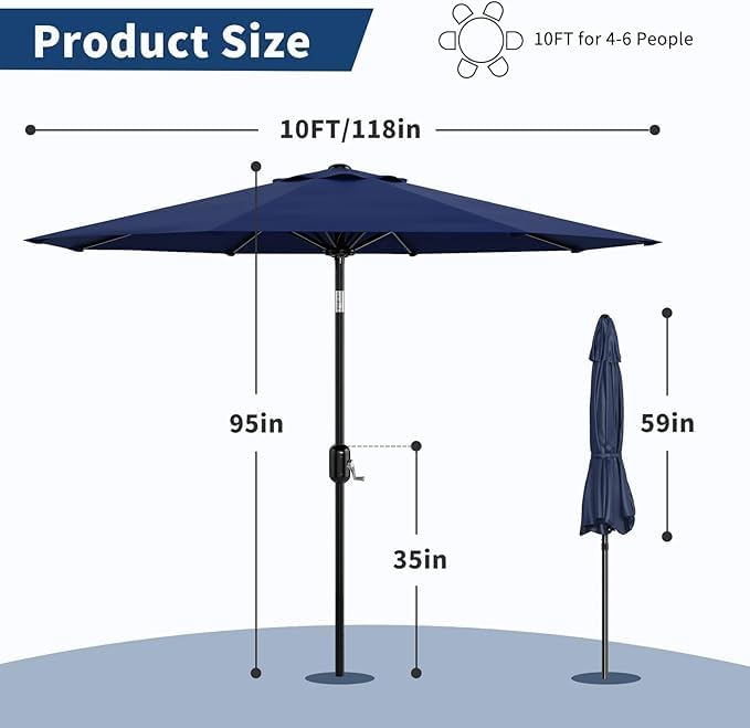 10FT Patio Umbrella 8 Sturdy Ribs Outdoor Table Umbrella