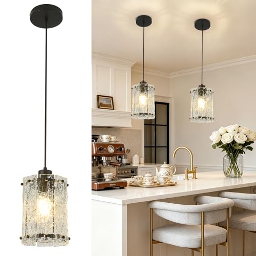 Black Pendant Lights Kitchen Island 1 Pack Modern Water Ripple Glass Pendant Lights Fixtures Round Adjustable Hanging Pendant Lighting for Kitchen Island Dining Room Over Sink Table Entryway