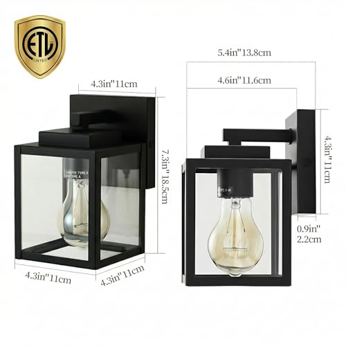7" Classic Outdoor Wall Sconce 1 Light in Matte Black Rectangular Metal Frame and Clear Glass Shade Waterproof Porch Light Patio Light Pack of 2 (2 Count)