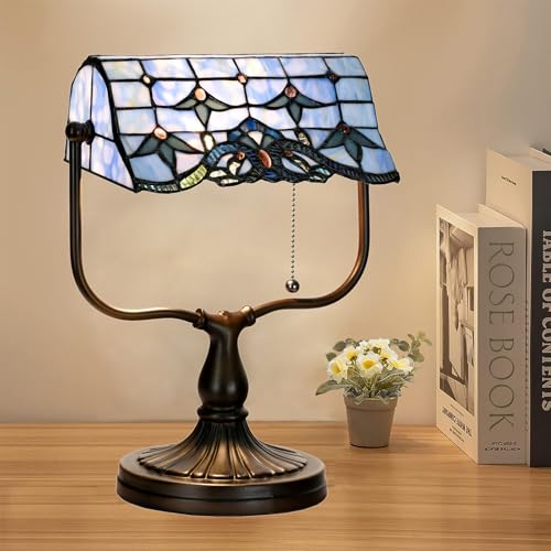 TL0031 Tiffany Banker Desk Lamp Stained Glass Blue Baroque Shade with Vintage Bronze Base W10.25 X OH13 Inch. Perfect for Piano Kitchen Beside Table