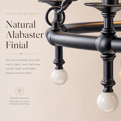 6 Light W34 Inch Matte Black Statement Chandelier with White Pleated Fabric Shades and Alabaster Finials Large Round Designer Lighting for Dining Room Living Room